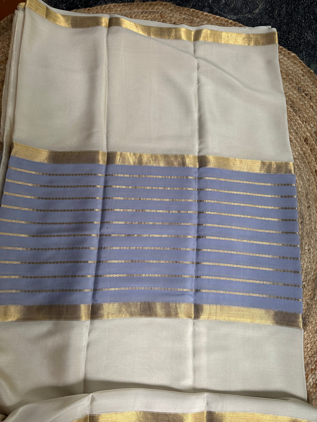 Light Lavender with half white pure crepe Mysore Silk sarees centre lined design