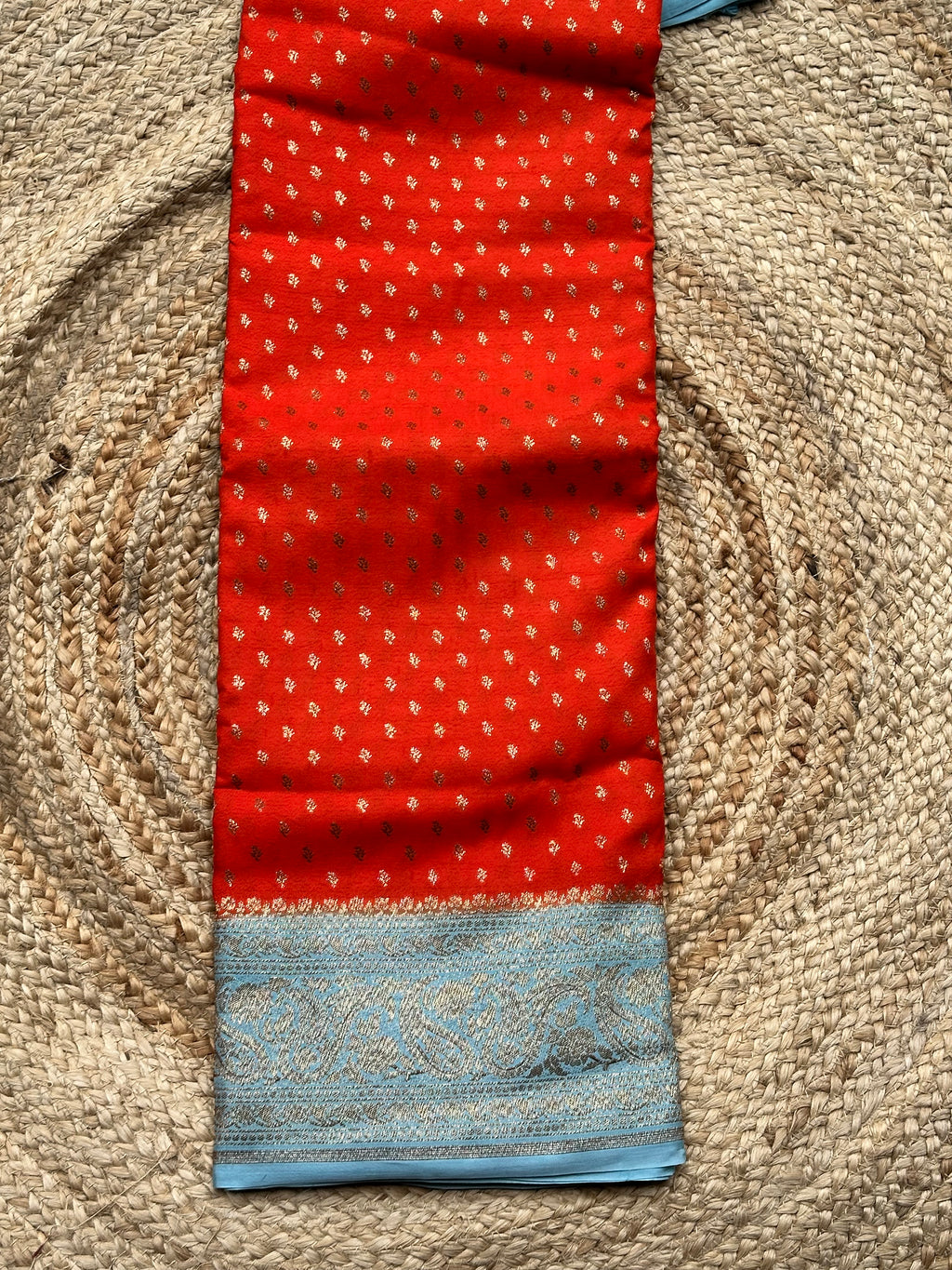 Orange with sea blue crepe chiffon Banarasi sarees