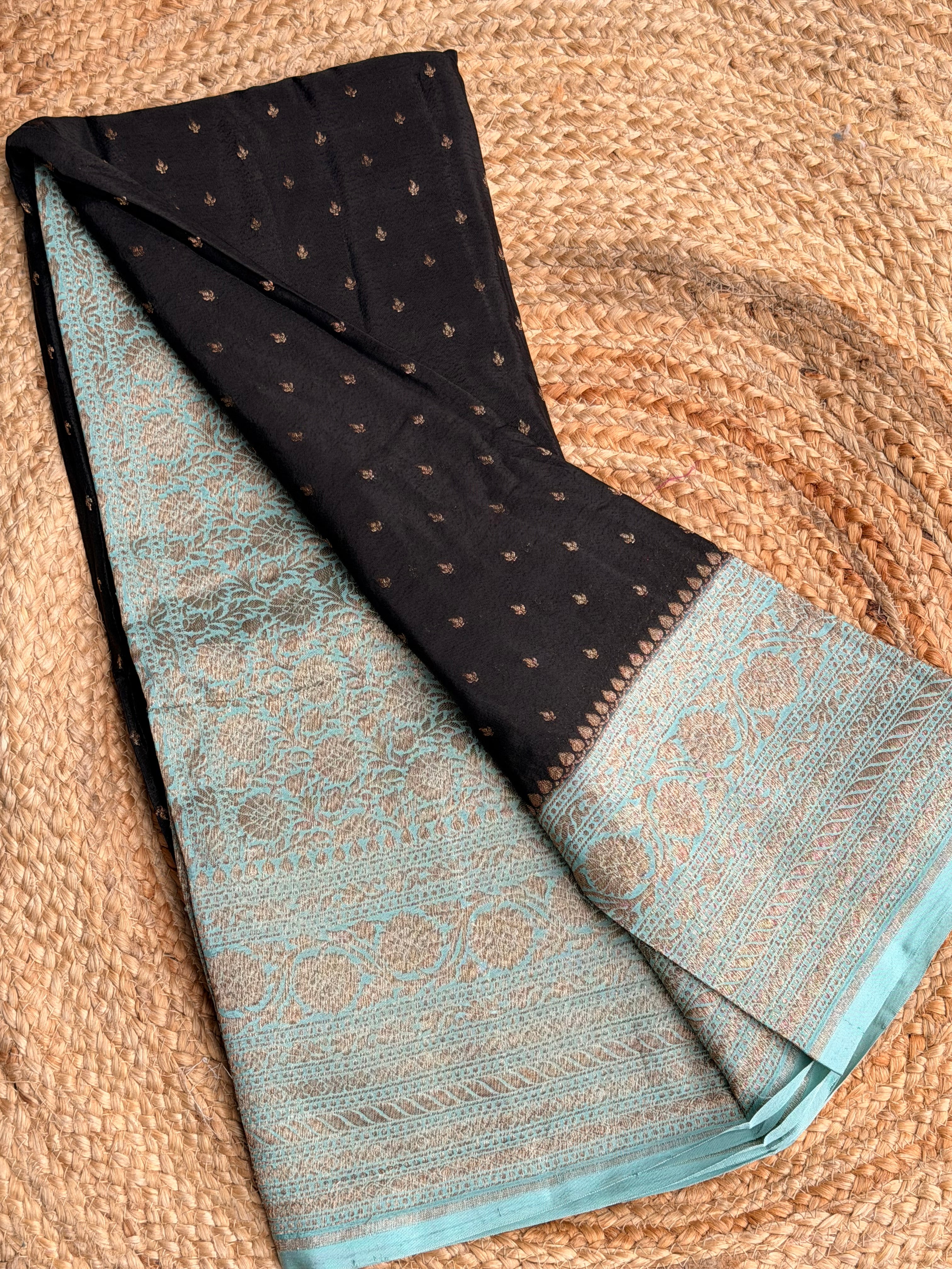 Black n sea green small butta benarasi crepe saree