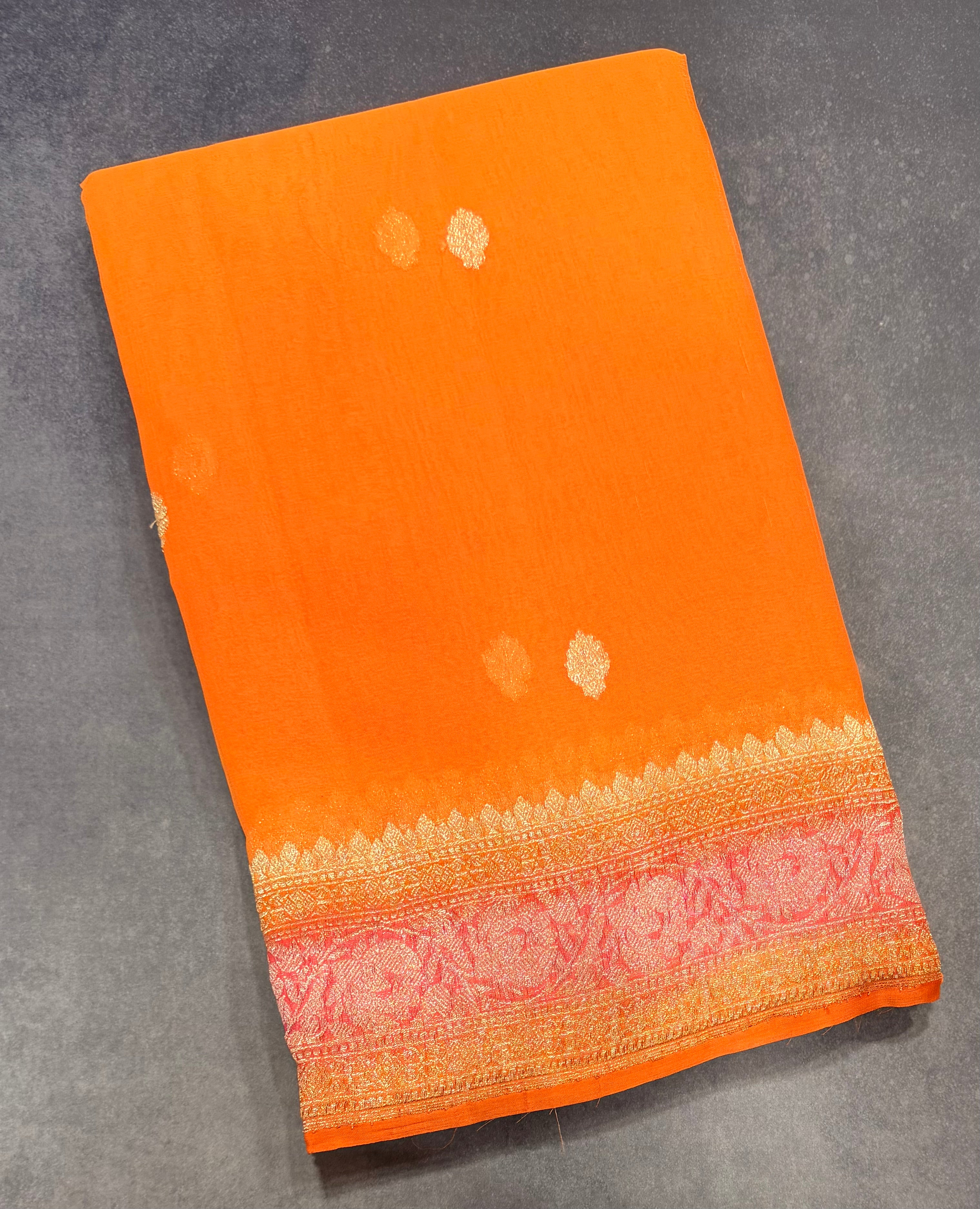 Orange 3D Banarasi pure khadi chiffon saree sliver zari saree