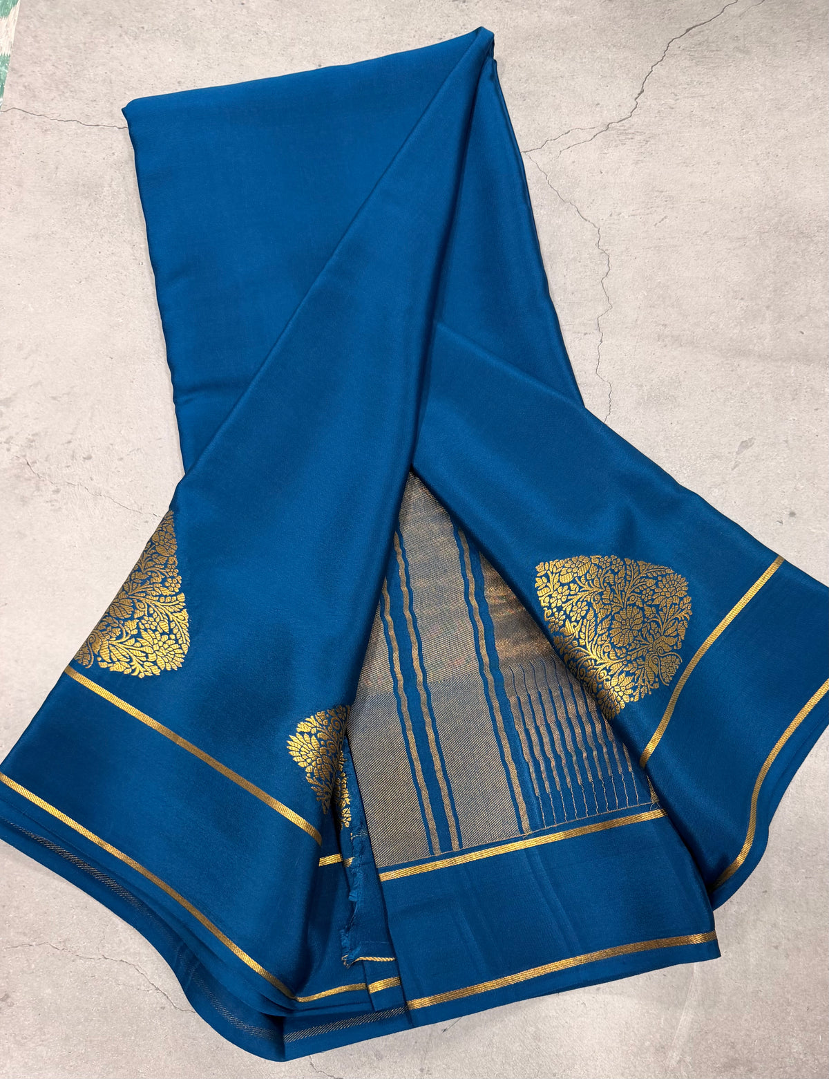 Peacock blue leaf big butta pure Mysore silk crepe saree