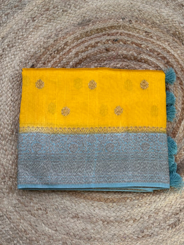 Mustard yellow with sea blue tusser silk saree