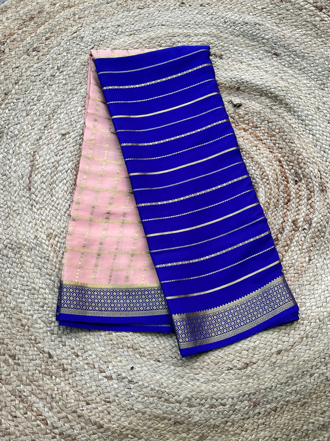 Royal blue and peach pure crepe Mysore Silk sarees 130 gsm
