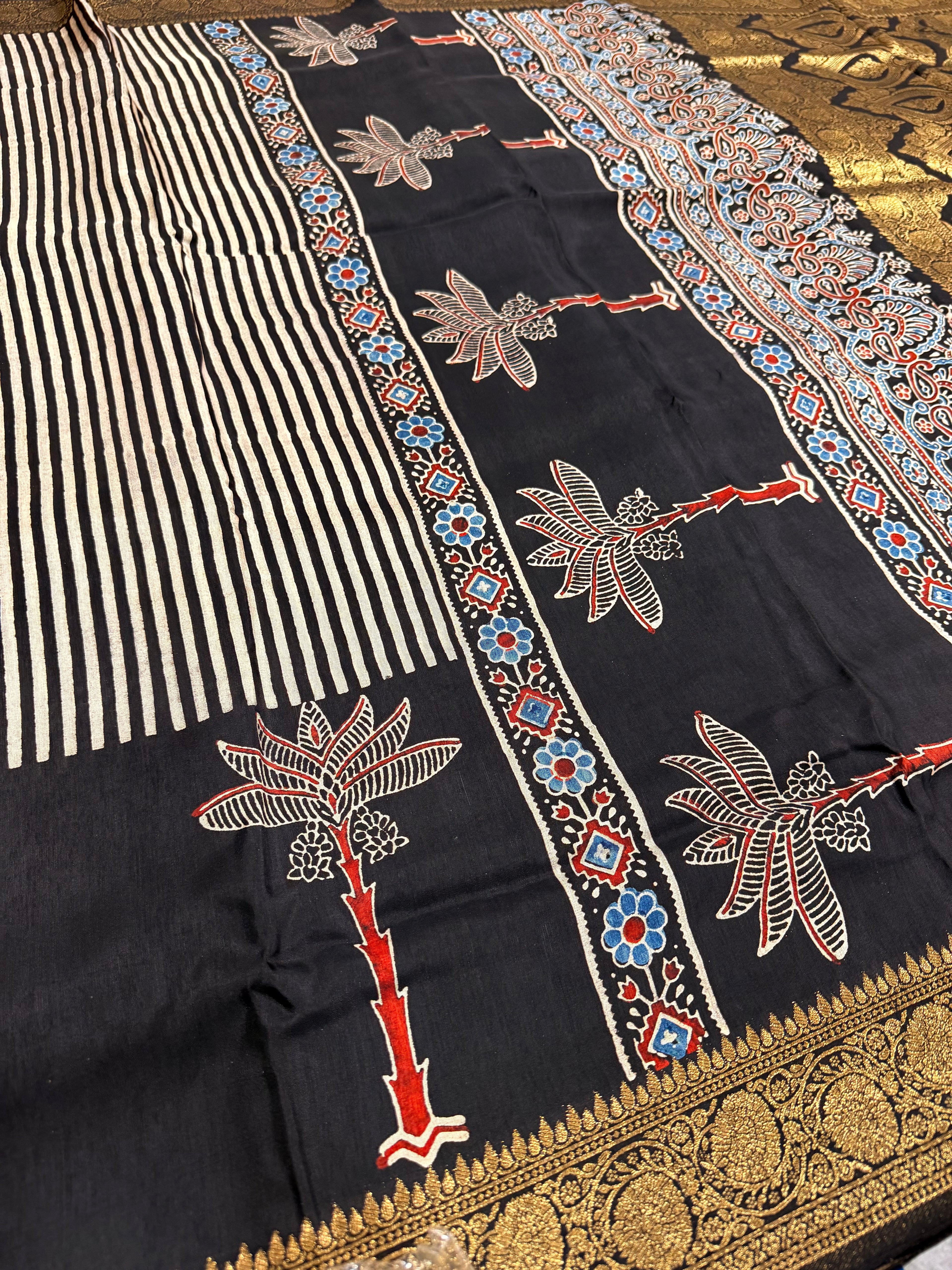 Black n white stripes pure Ajrak dola sarees