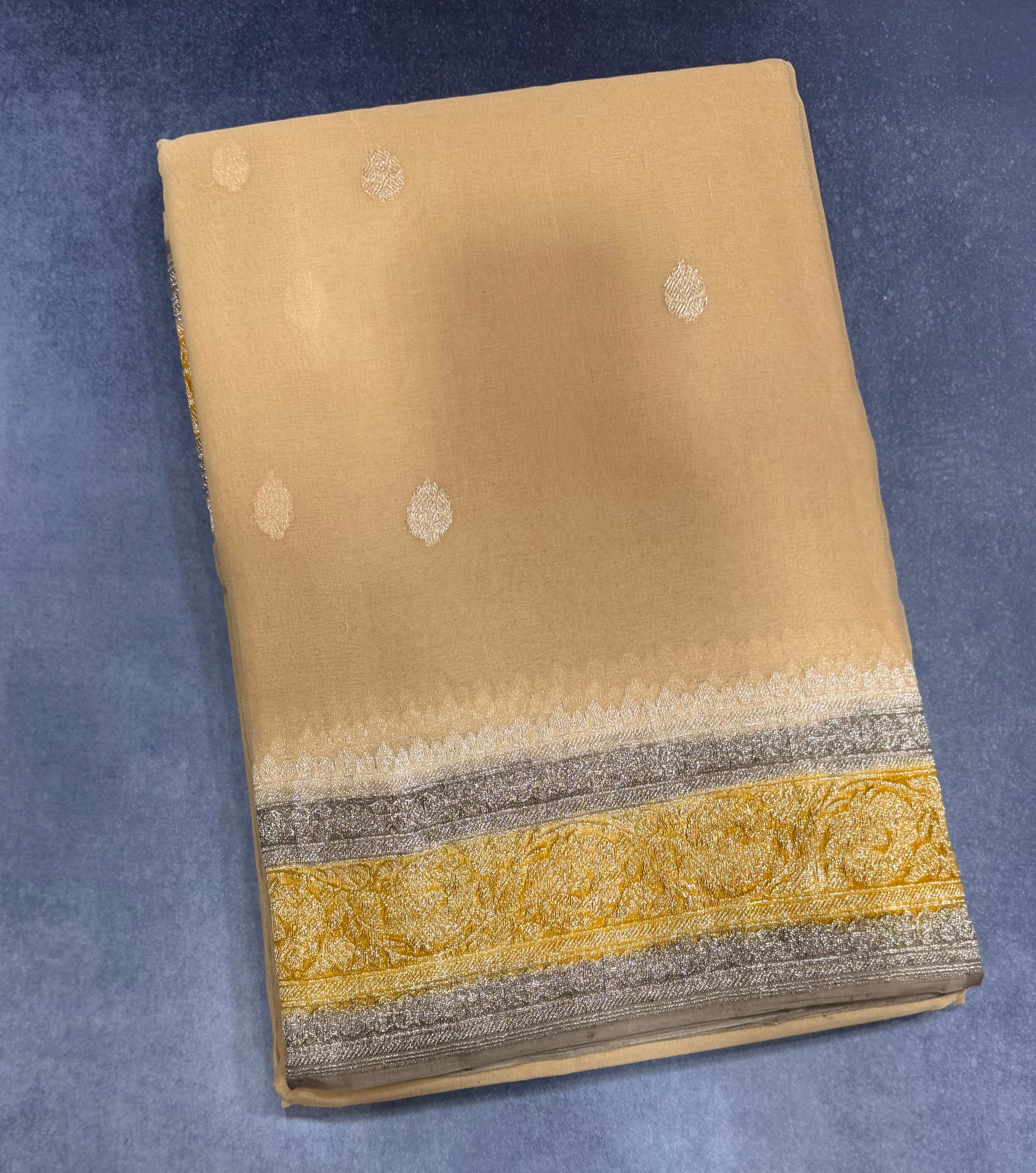 Beige 3D Banarasi pure khadi chiffon saree sliver zari saree