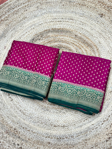 Rani pink with green pure crepe Banaras silk sarees