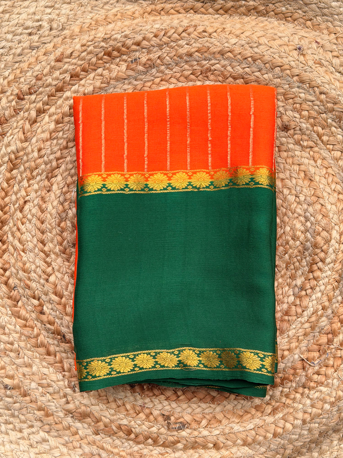 Orange and green pure wrinkle crepe silk certified