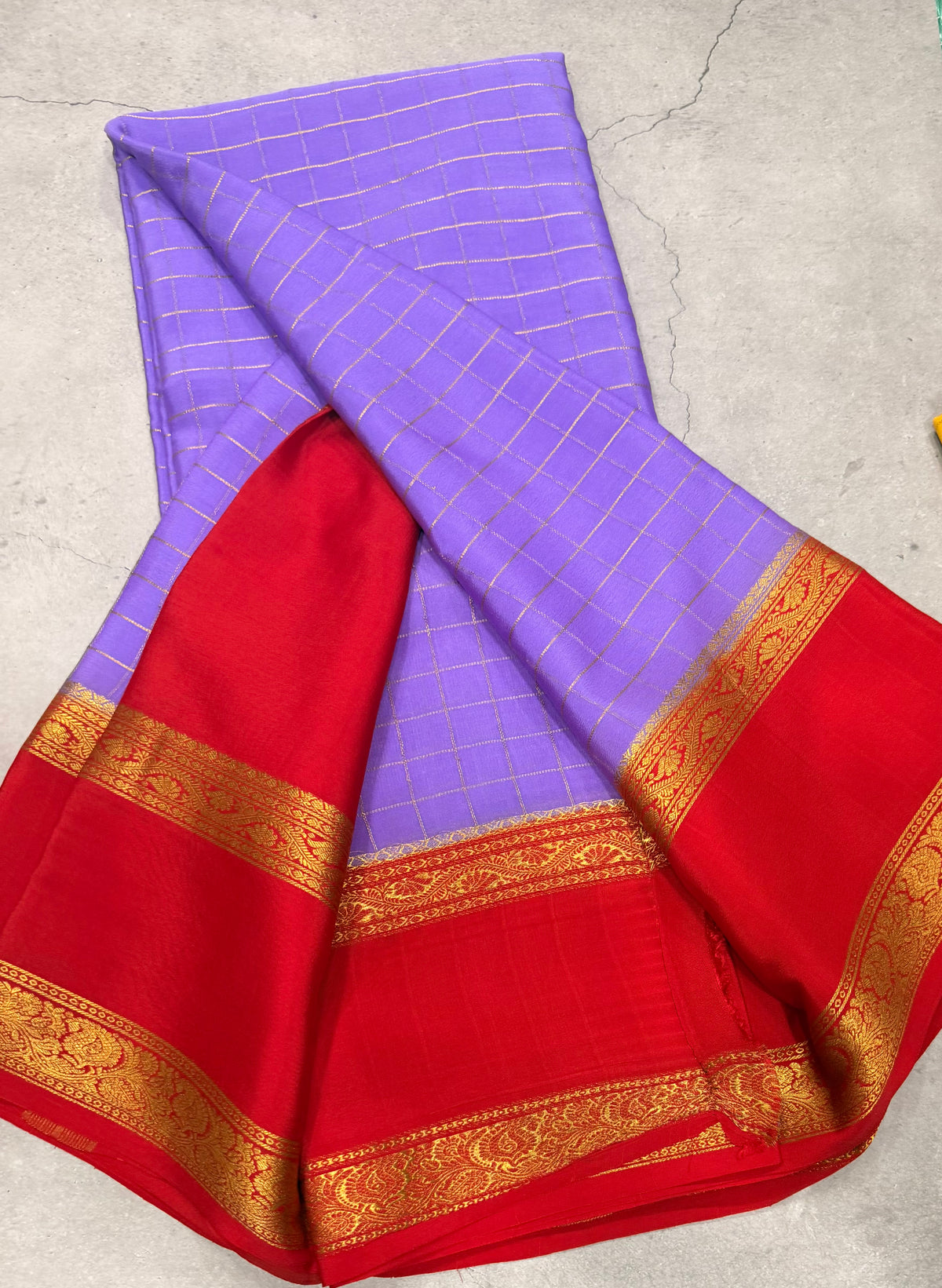 Lilac checks n bentex border pure Mysore silk crepe saree