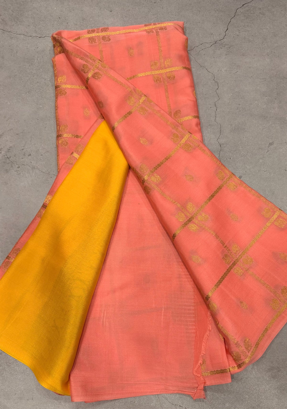 Peach checks pure Mysore silk crepe saree