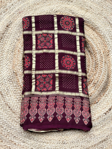 Deep coffee brown pure modal block prints Saree