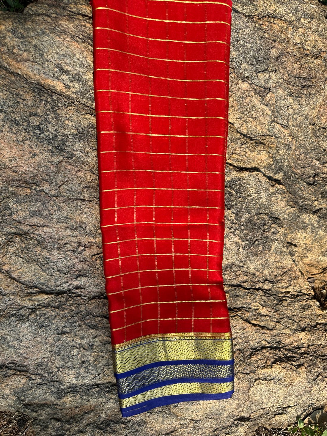 Red and purple Mysore Silk crepe with big checks contrast border. 75 grams thickness.
