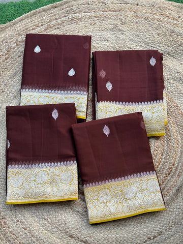 Deep coffee brown pure khaddi chiffon silver zari woven