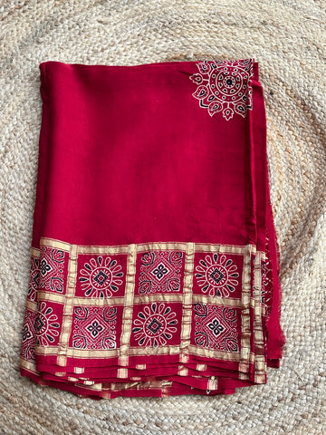 Maroon modal silk with Ajrak blouse