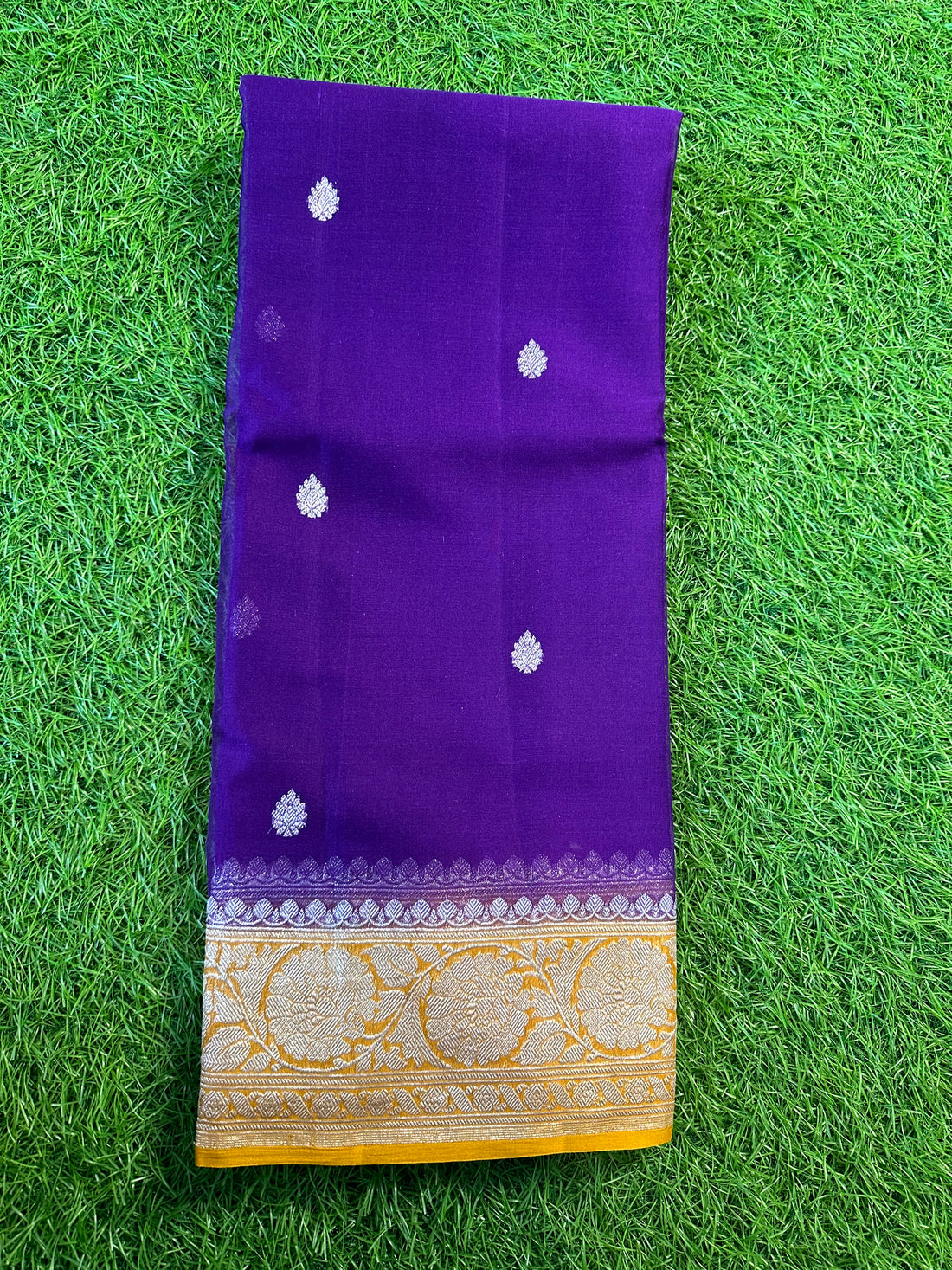 Purple with mustard, pure khaddi chiffon sarees.