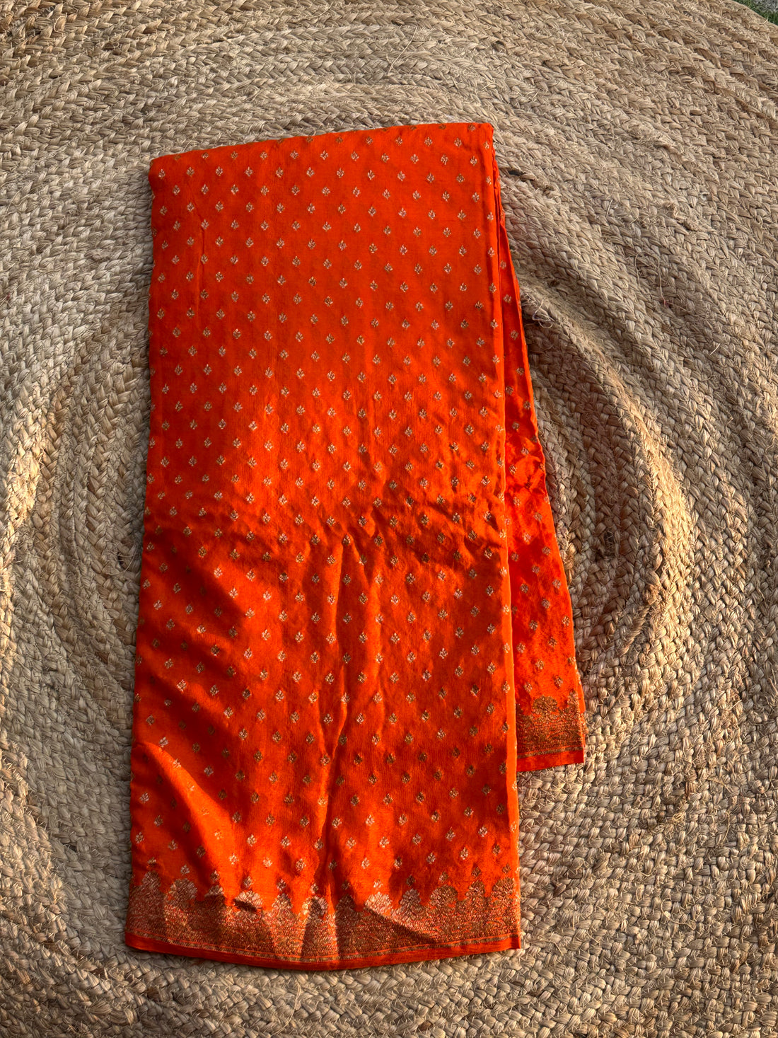 Orange small border pure crepe banaras saree