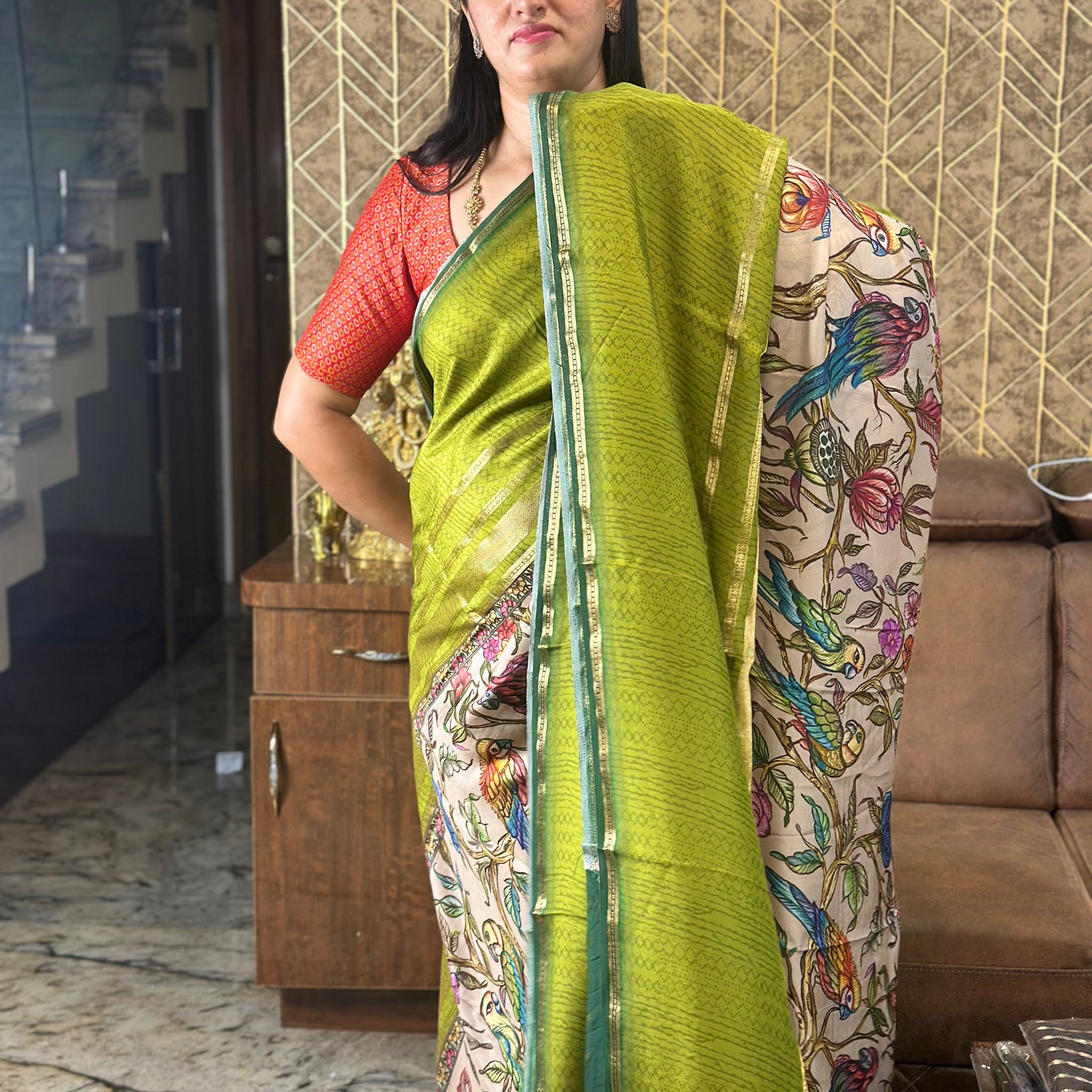 Green semi crepe digital kalamkari prints.