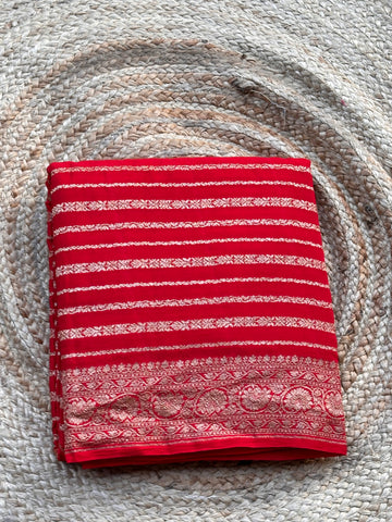 Hot pure red horizontal stripes silk sarees
