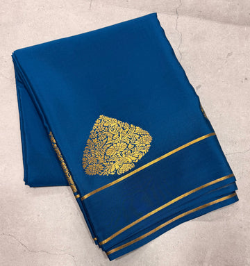Peacock blue leaf big butta pure Mysore silk crepe saree