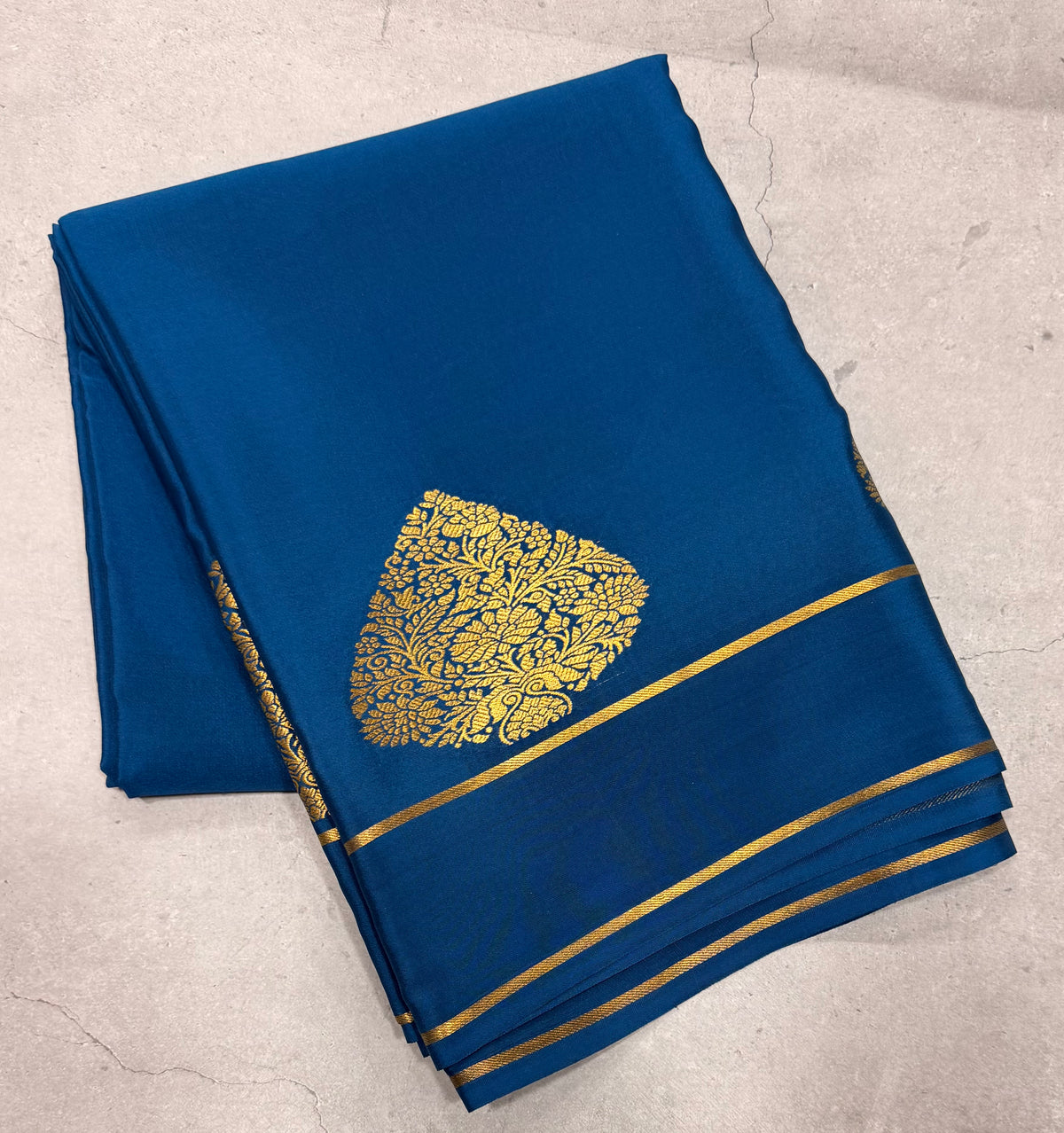 Peacock blue leaf big butta pure Mysore silk crepe saree