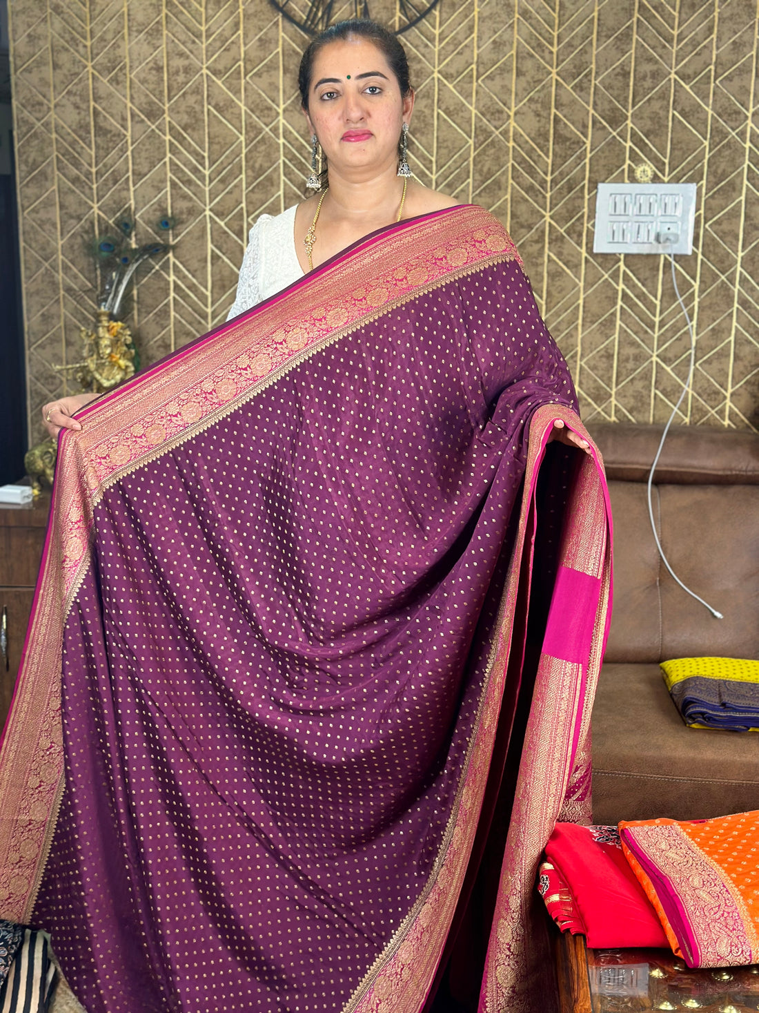 Wine and pink pure crepe Banaras silk sarees. With brocade blouse.