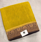 Neon yellow n navy blue partly pallu pure benarasi crepe silk saree