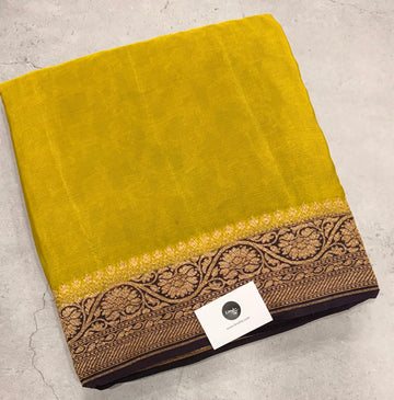 Neon yellow n navy blue partly pallu pure benarasi crepe silk saree