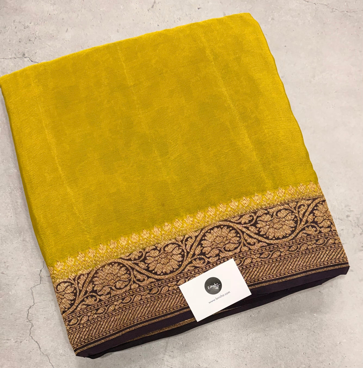 Neon yellow n navy blue partly pallu pure benarasi crepe silk saree