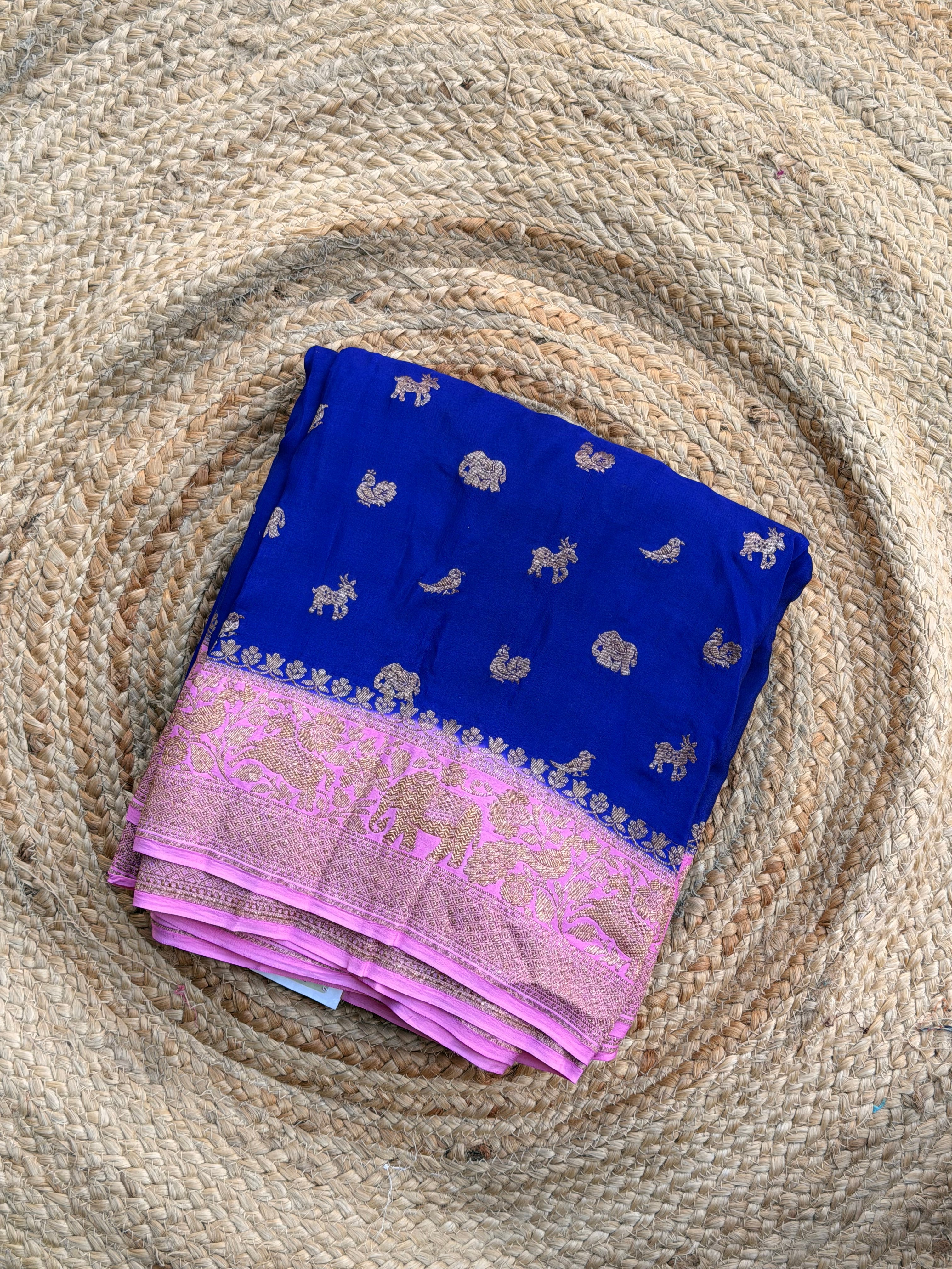 Royal blue and lotus pink pure crepe Banaras