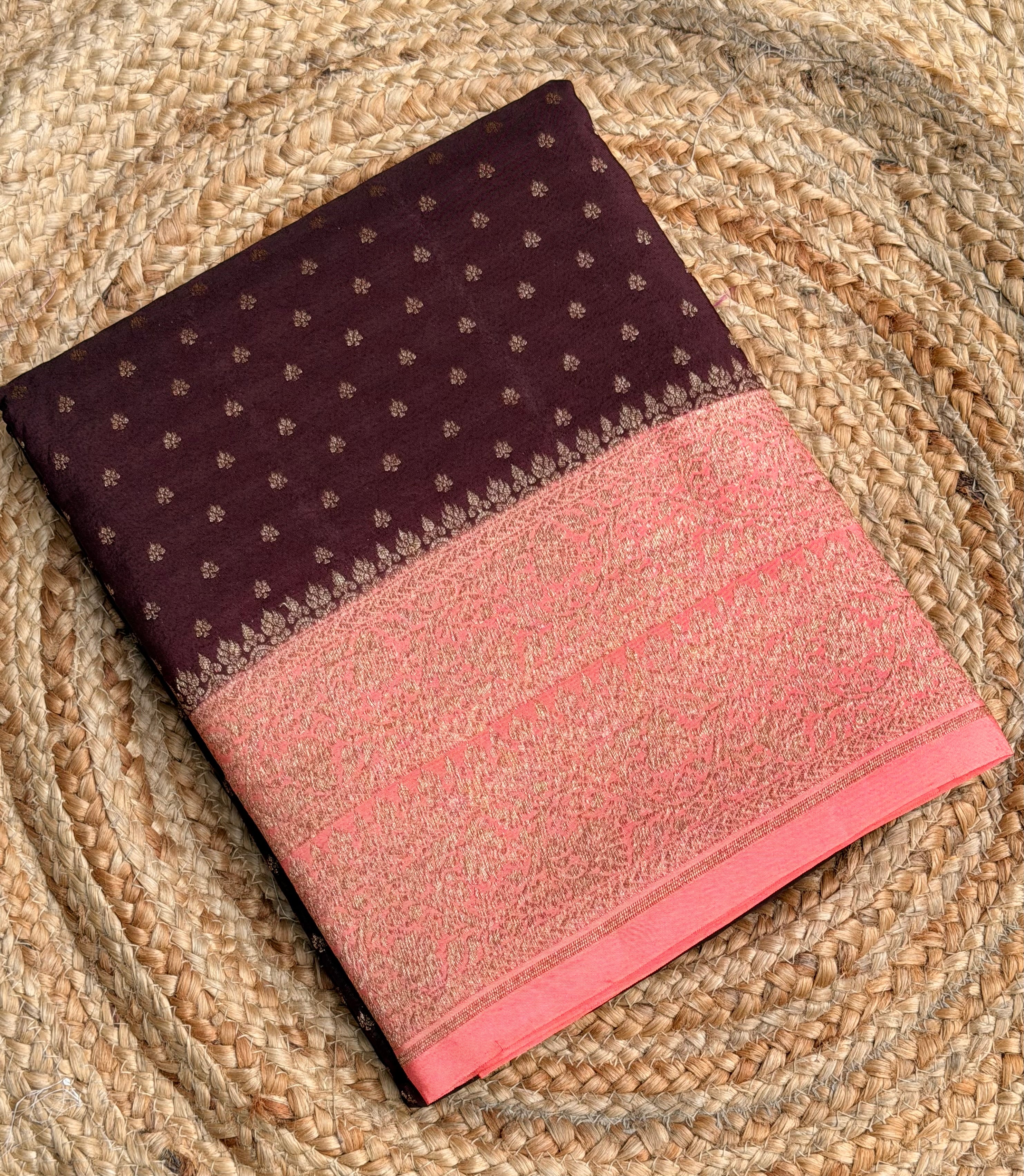 Brown n peach small butta benarasi crepe saree