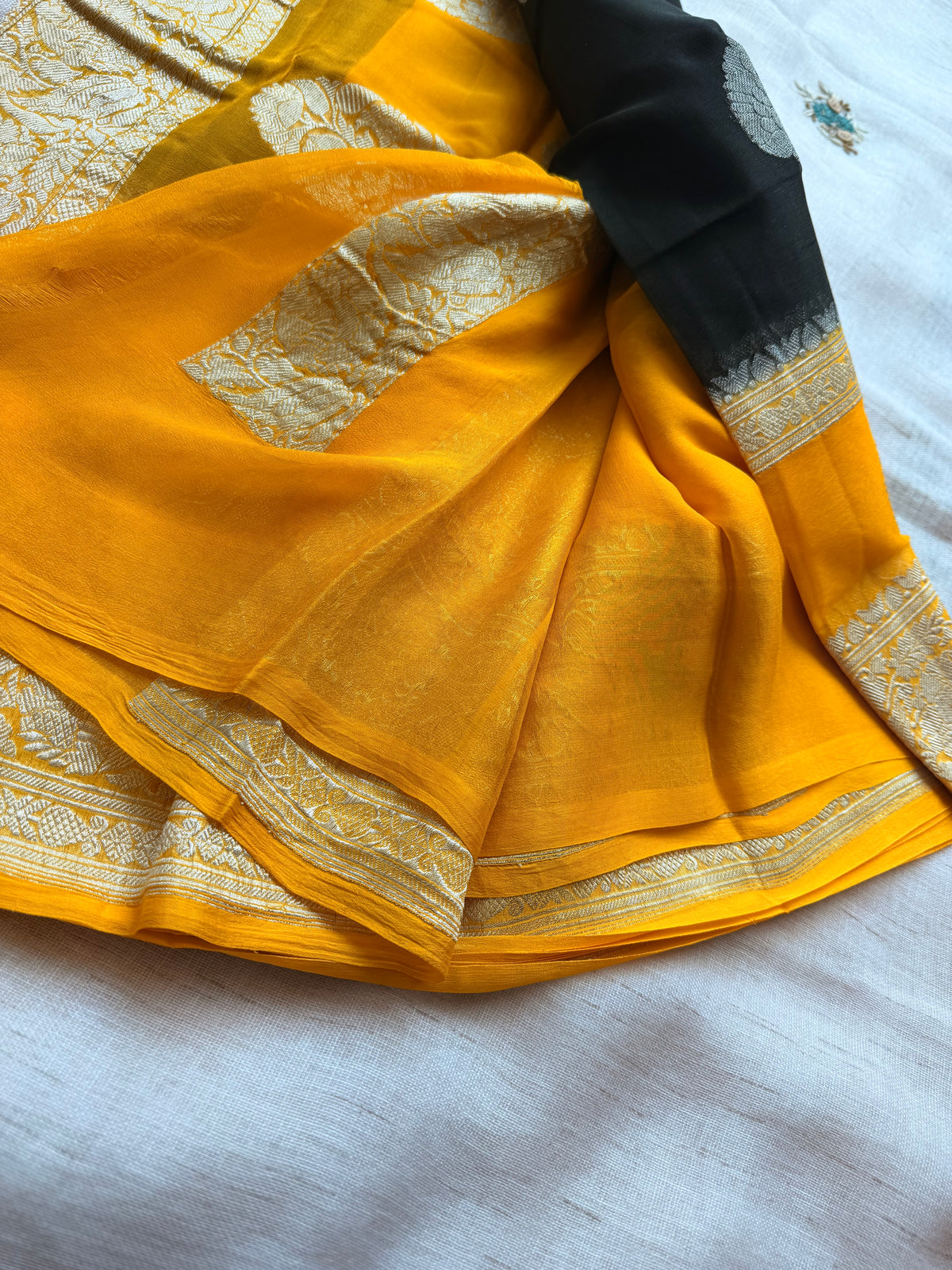 Black double border Banarasi pure khadi chiffon saree sliver zari saree
