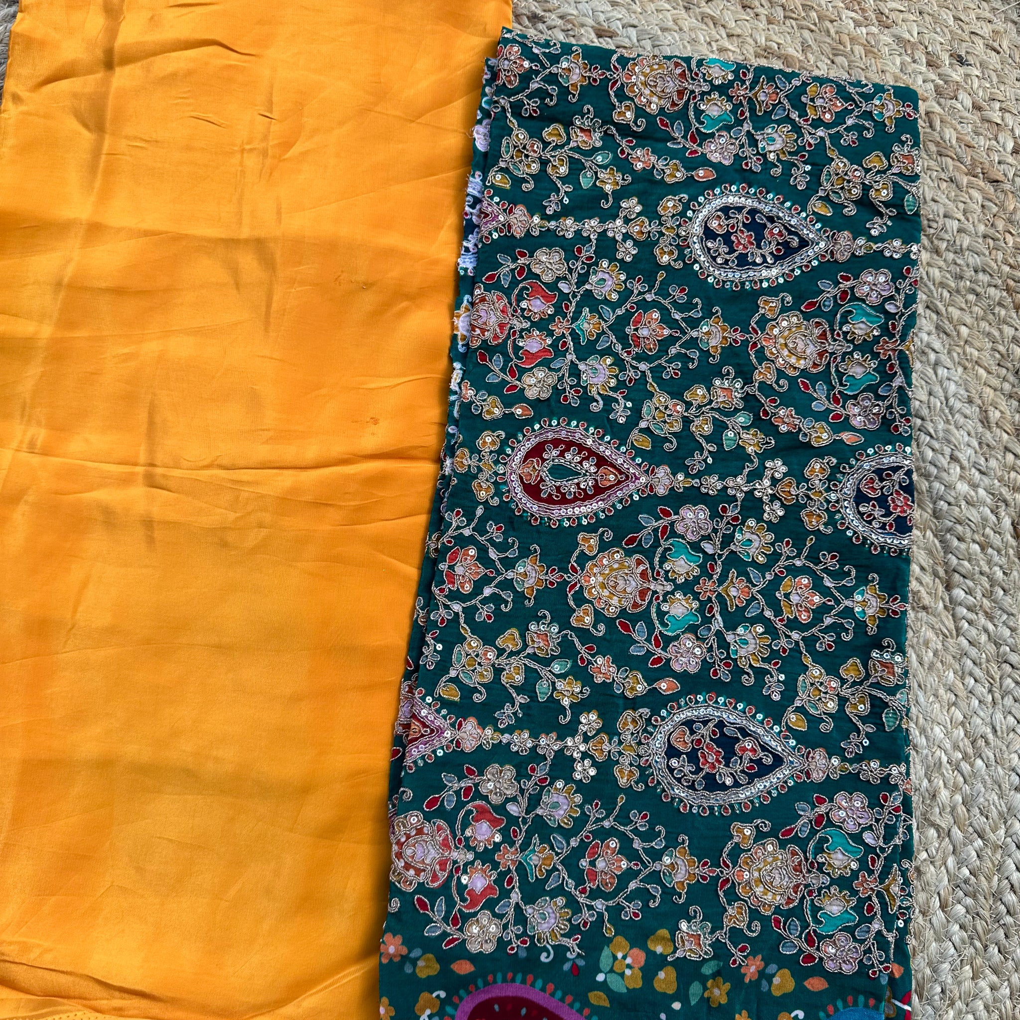 Mustard pure crepe with green brocade blouse