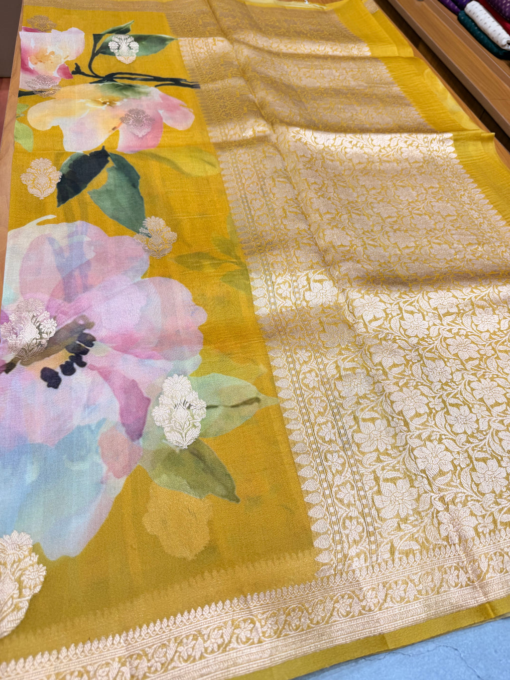 Mustard yellow digital print Banarasi pure tissue chiffon saree sliver zari saree