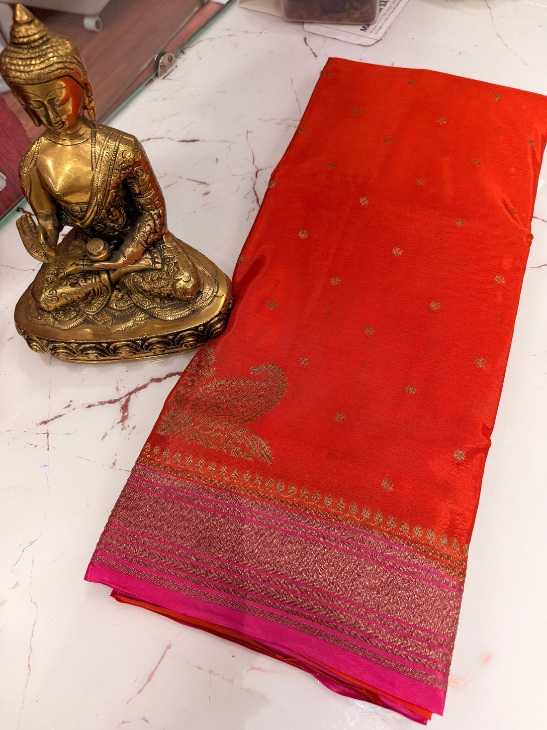 Orange and pink crepe chiffon antique zari