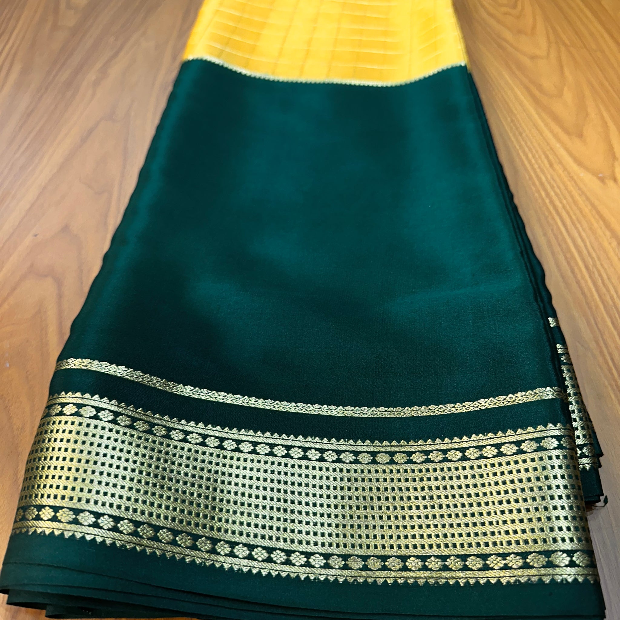 Mustard and bottle green pure crepe Mysore Silk 120 gsm