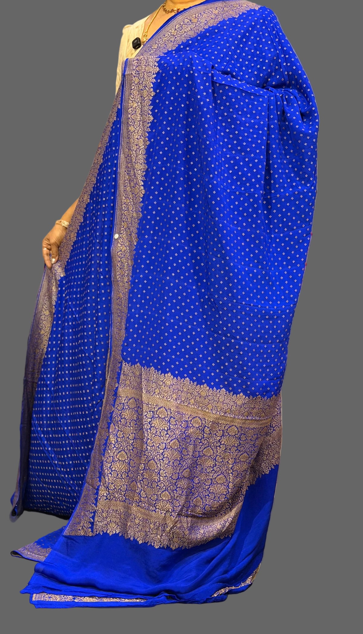 Royal blue mango border pure benarasi crepe silk saree