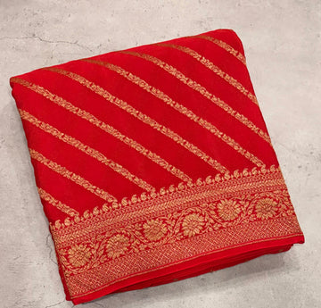 Red zig zag small butta half n half pure benarasi crepe silk saree