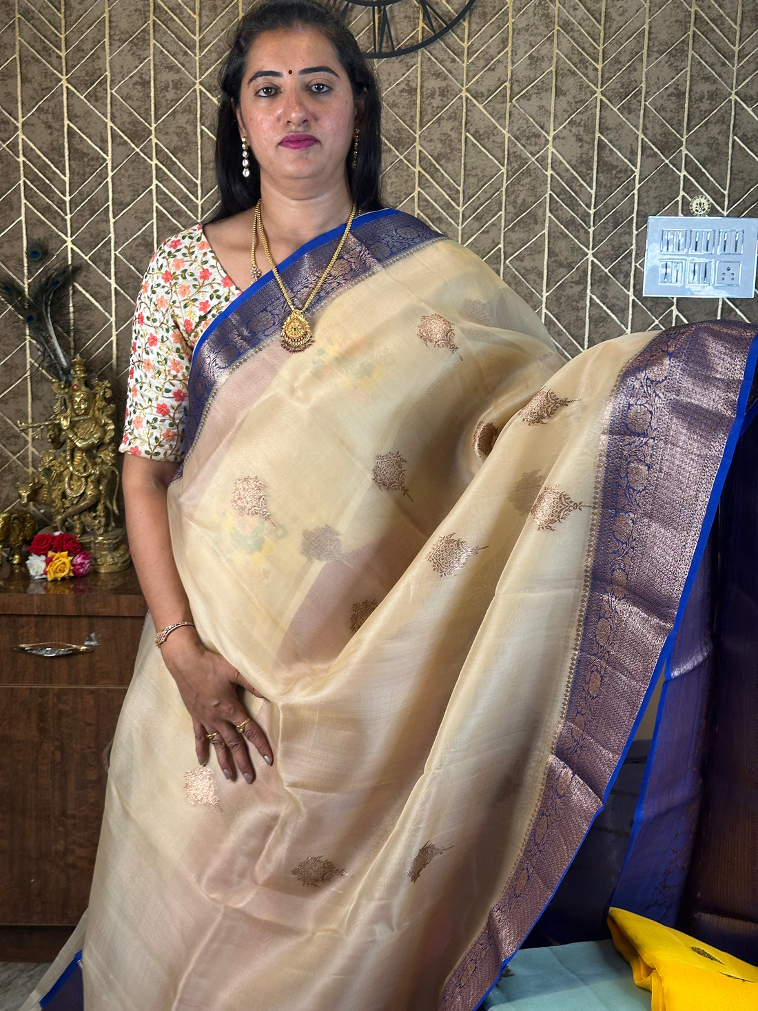 Beige and purple pure Kora organza handloom silk.