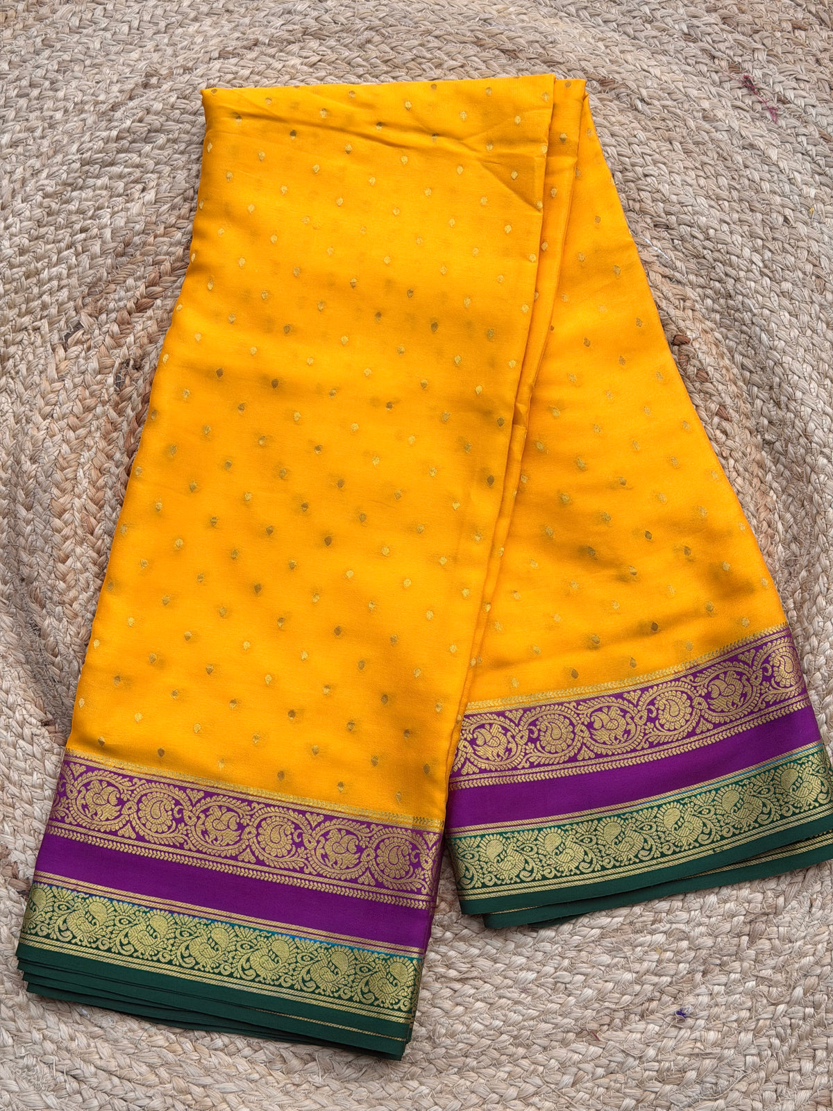 Mango yellow with purple thousand butta pure crepe Mysore silk