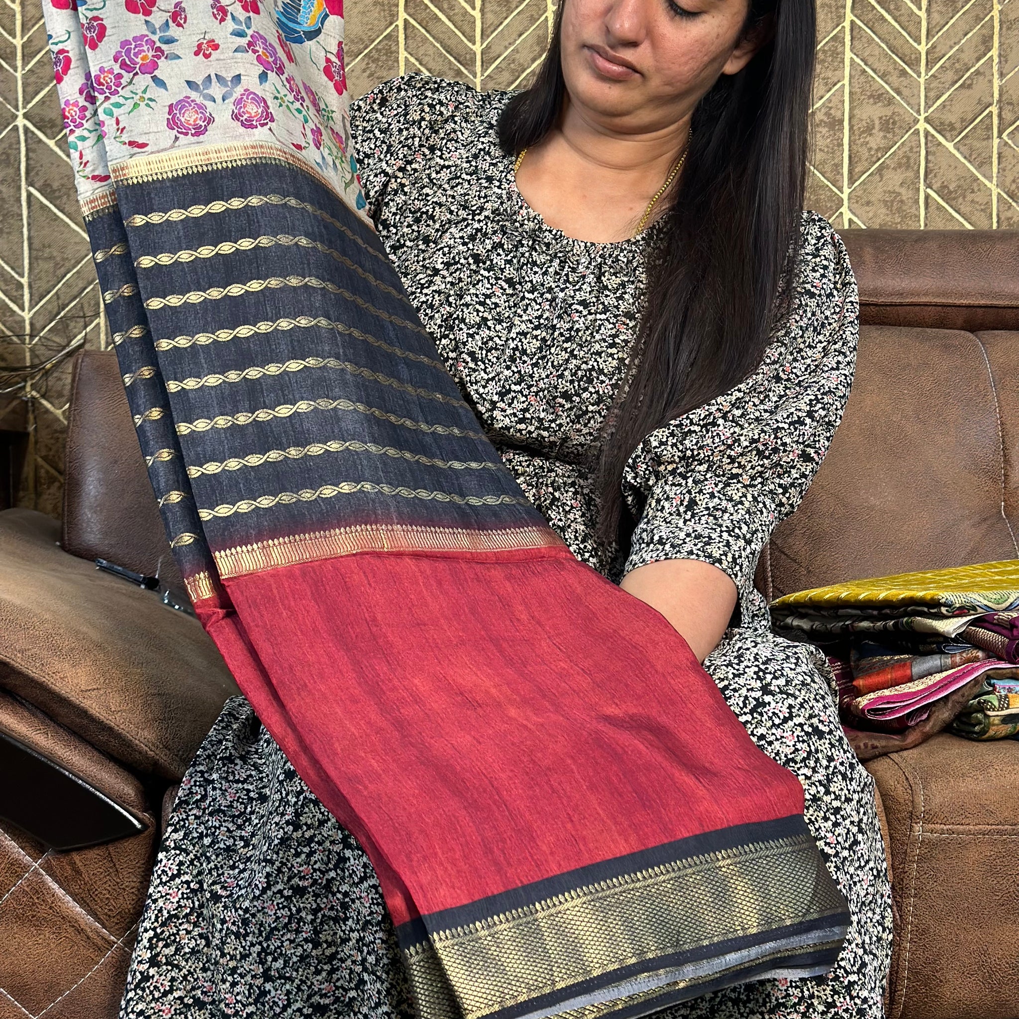 Semi digital crepe kalamkari.