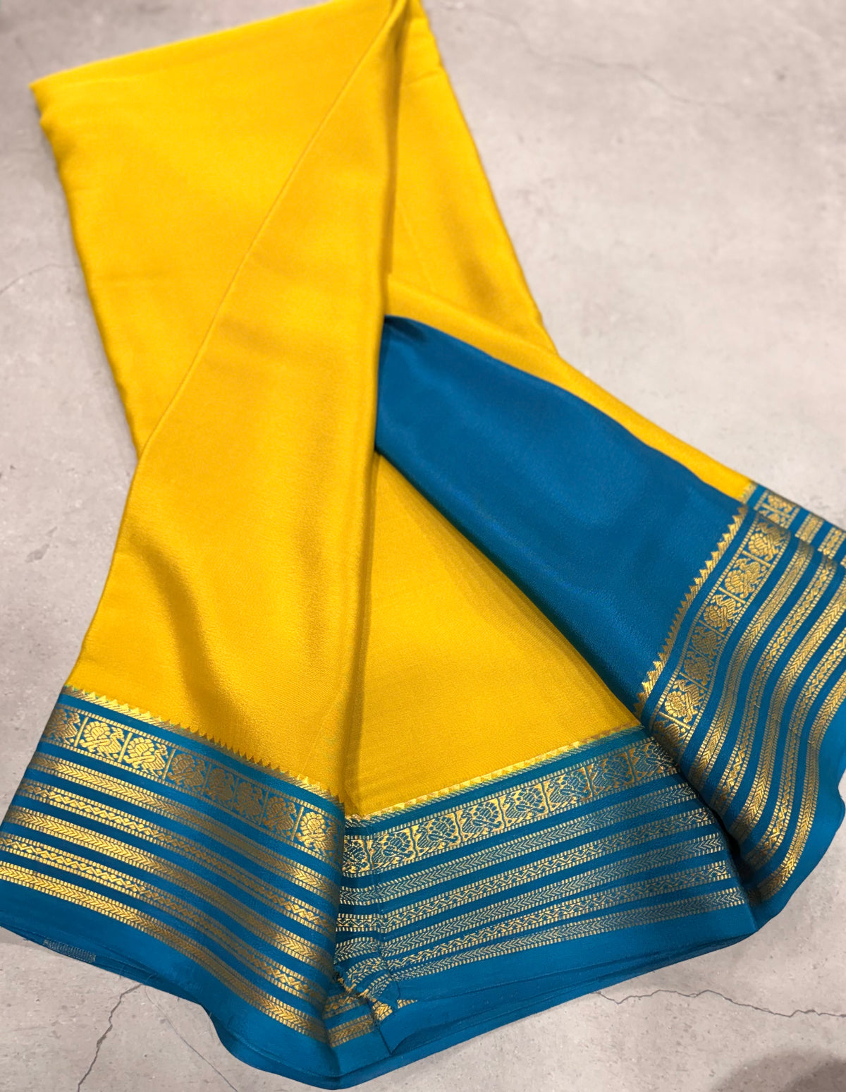 Neon yellow stripes border pure Mysore silk crepe saree