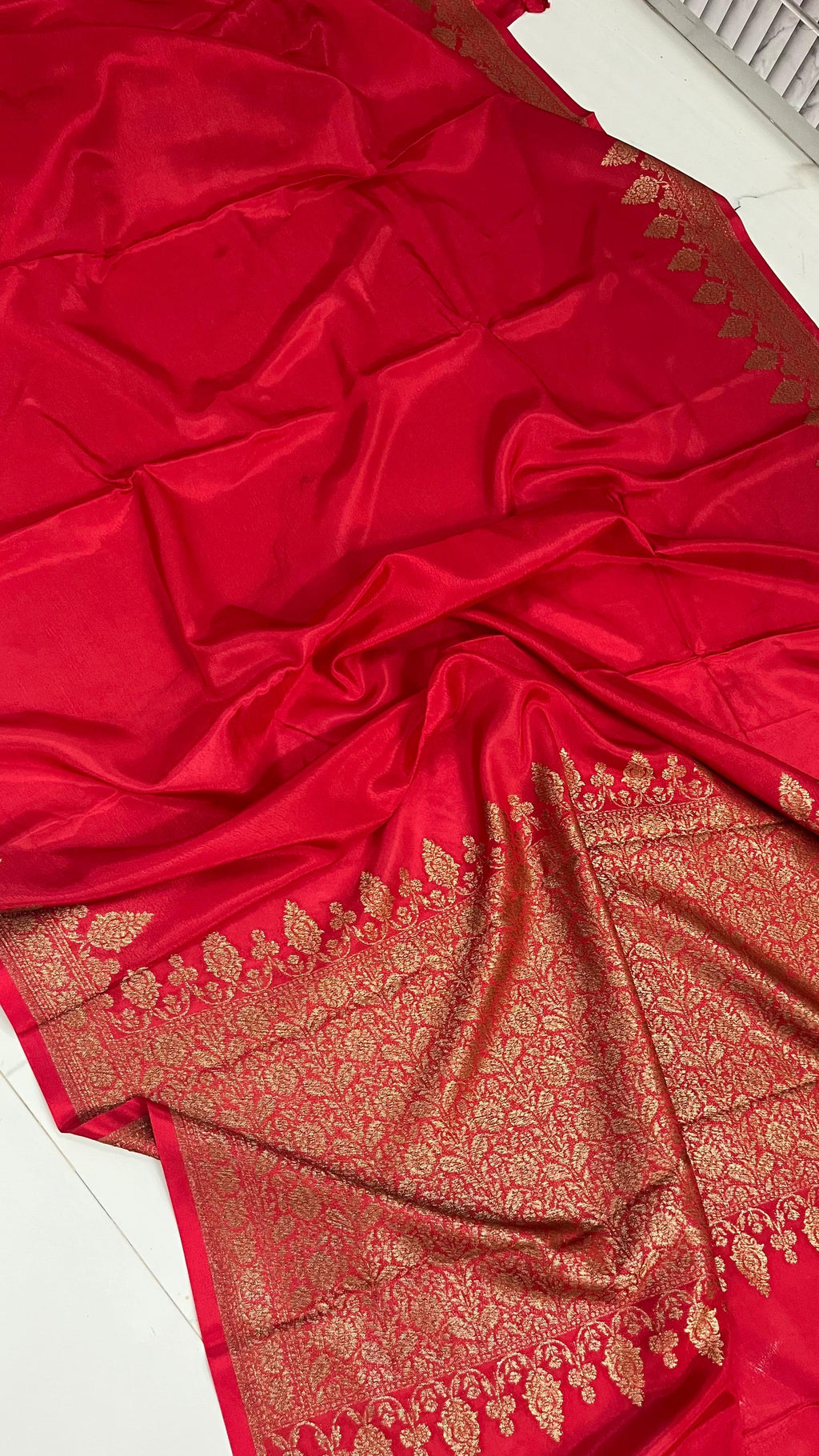 Hot red crepe Banaras chiffon sarees