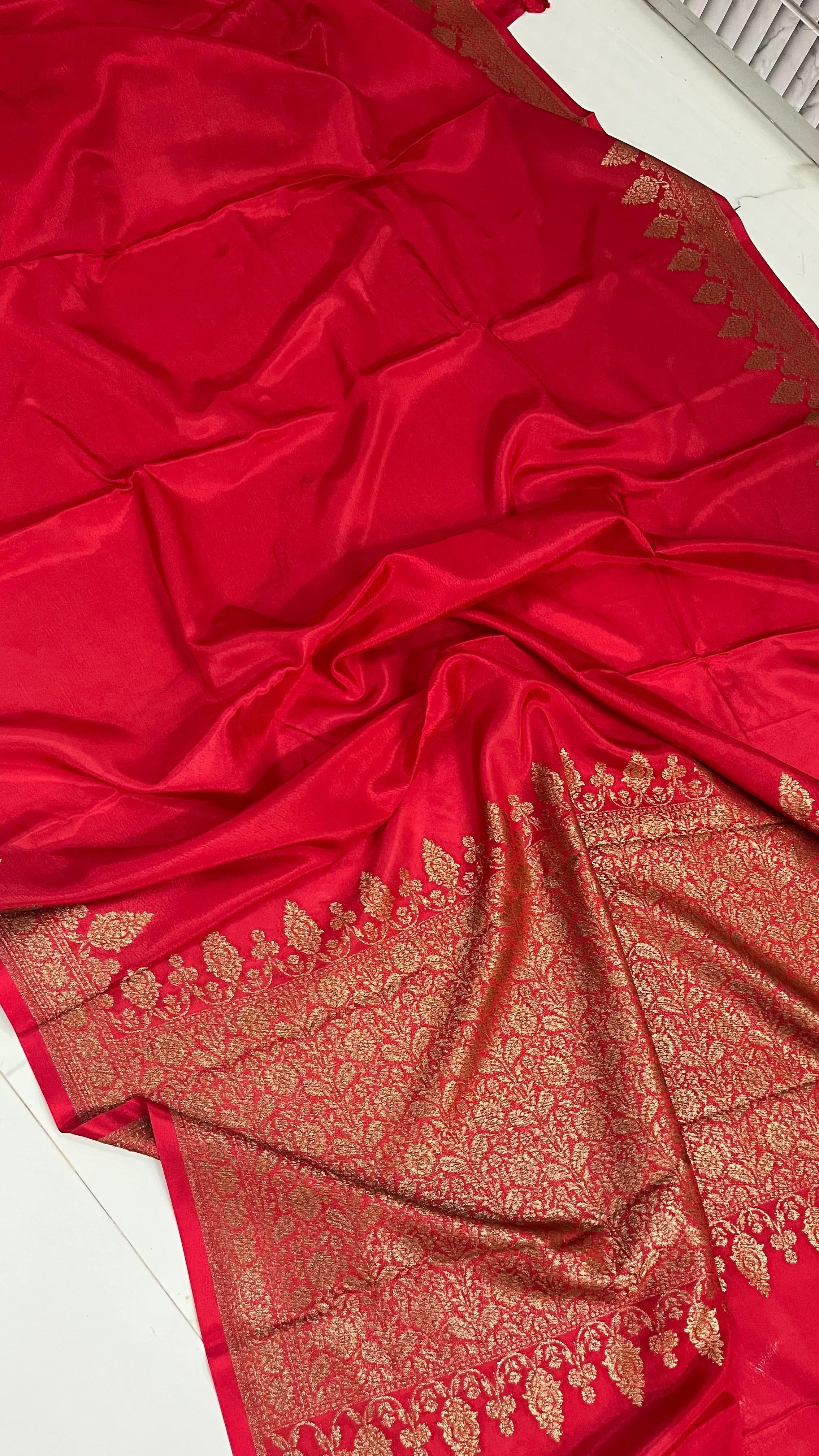 Hot red crepe Banaras chiffon sarees
