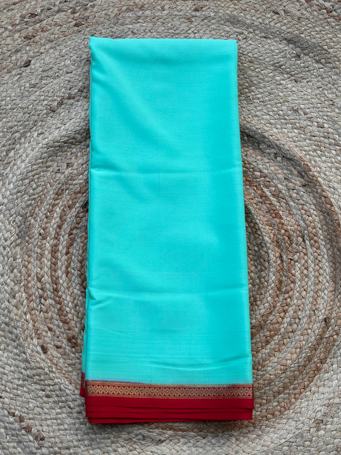 Teal blue with maroon Pure crepe Mysore Silk with small solid border 110 gsm