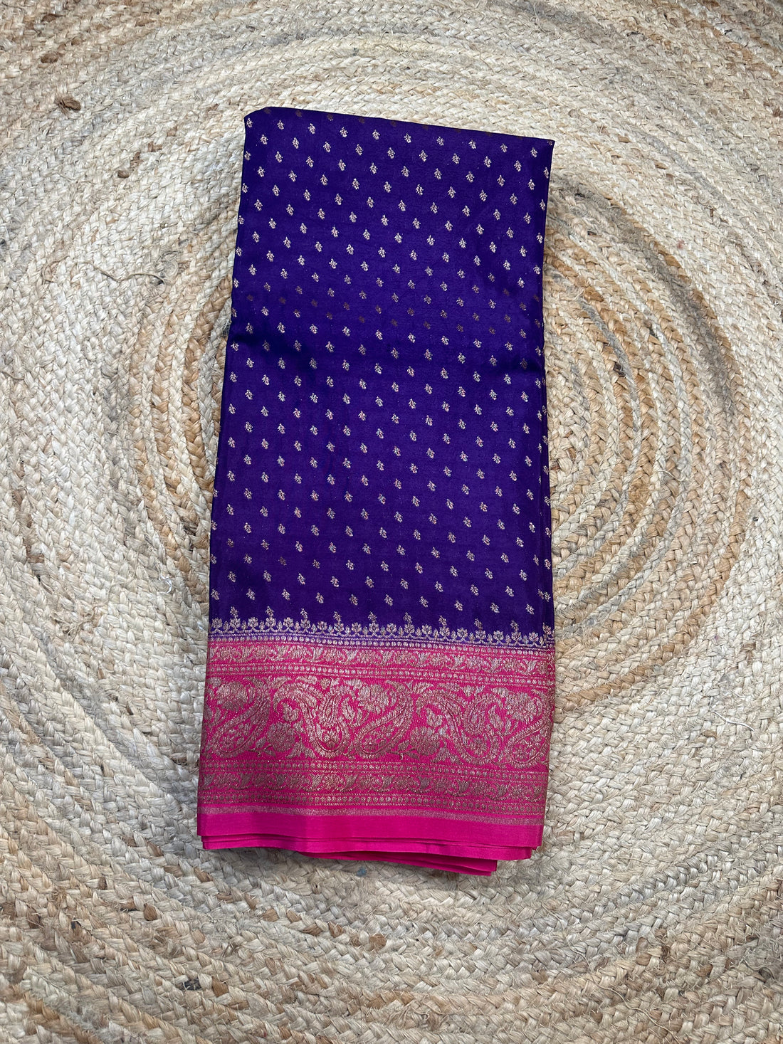 Deep blue and pink crepe chiffon with brocade blouse.