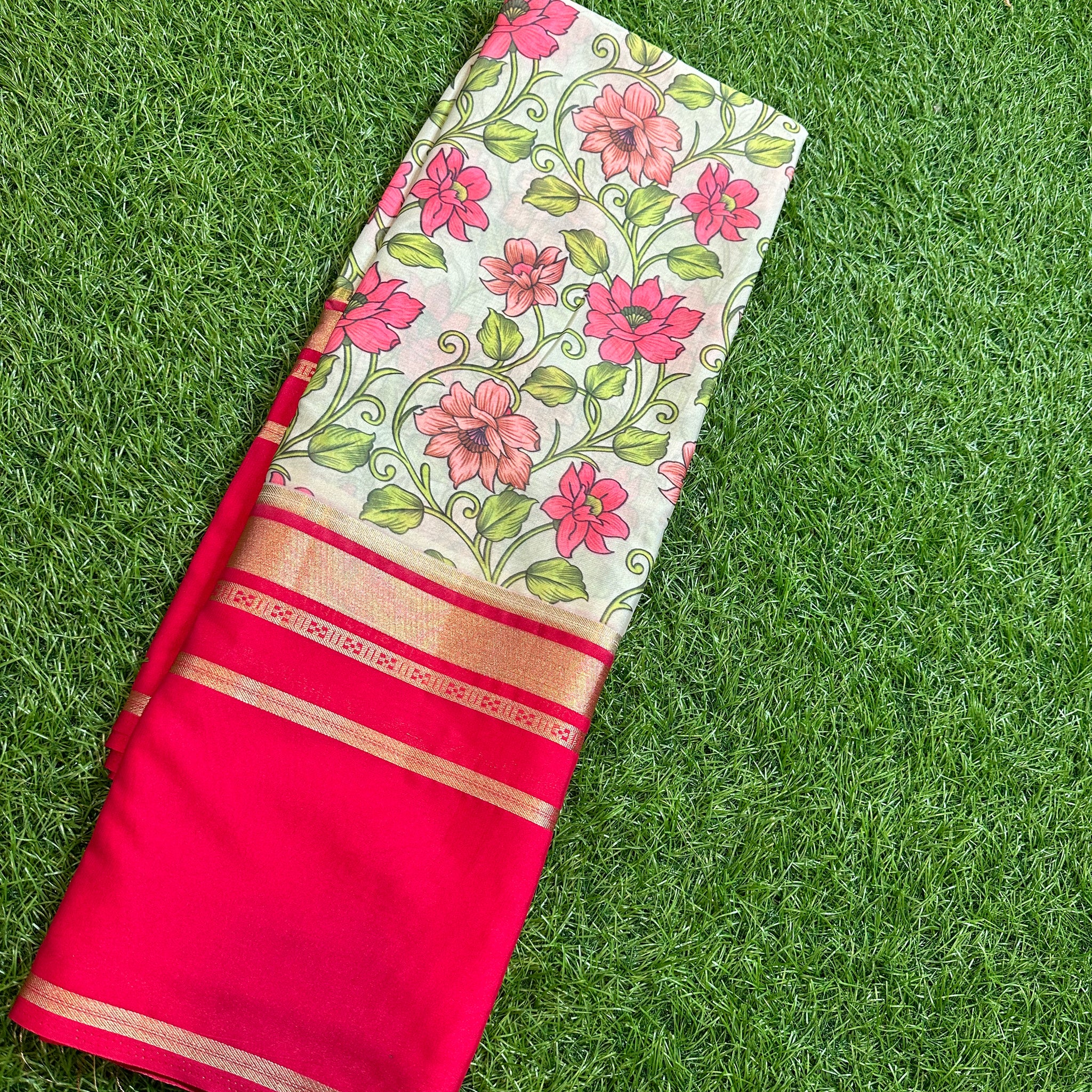 Red green digital semi Mysore Silk