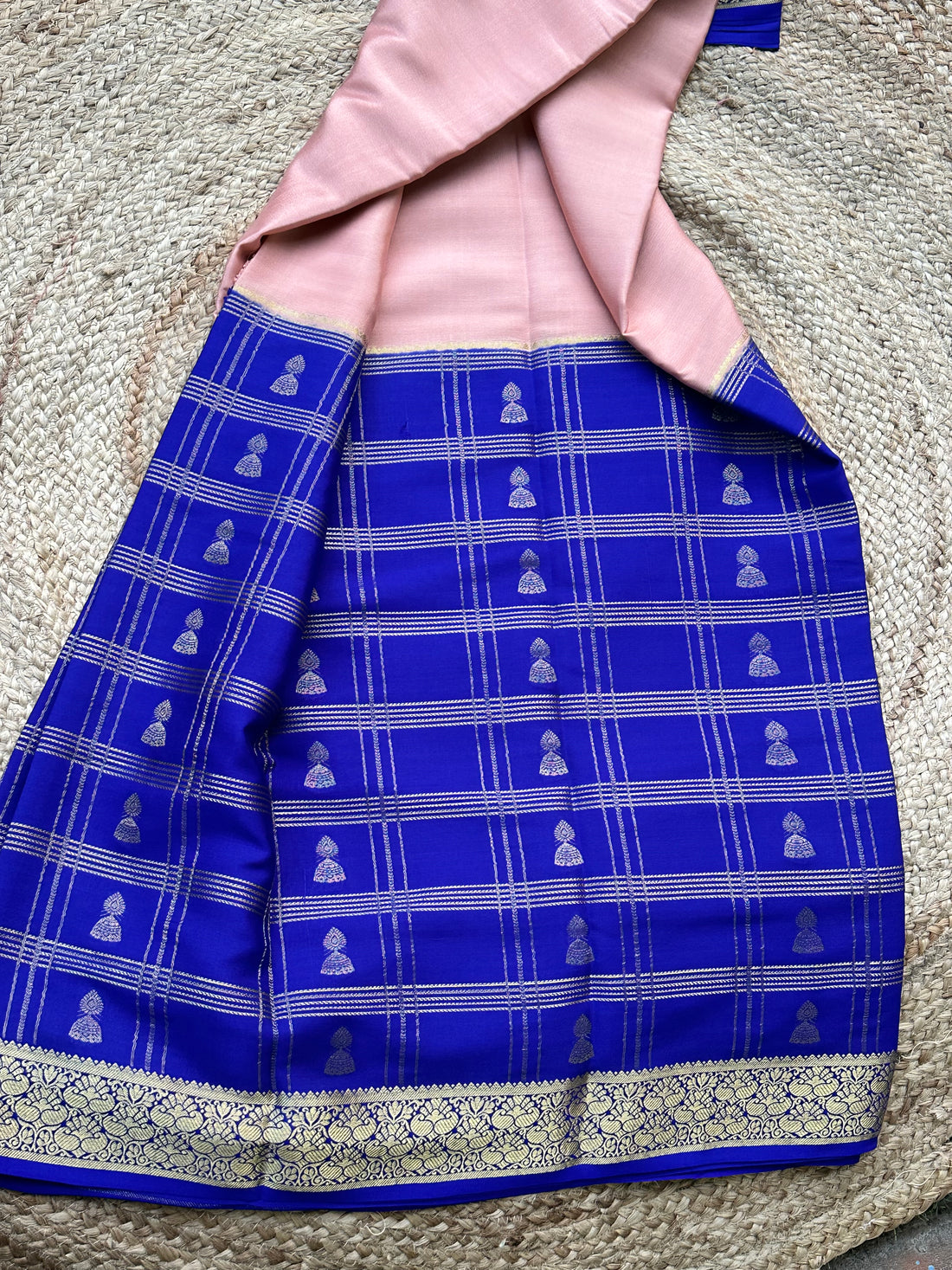 Peach with royal blue pure crepe Mysore Silk sarees