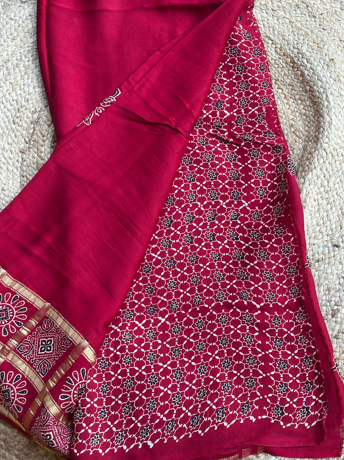 Maroon modal silk with Ajrak blouse