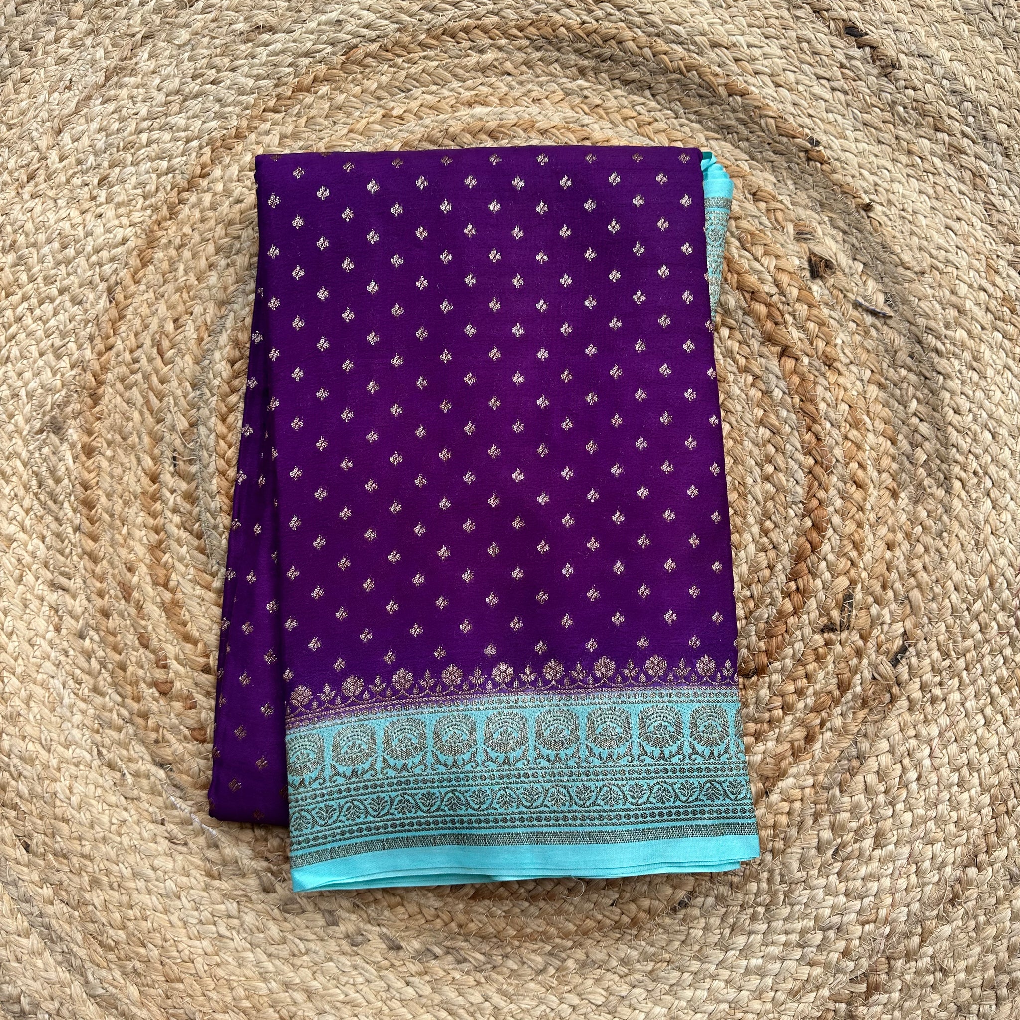Purple and sea blue Pure crepe chiffon sarees with brocade blouse