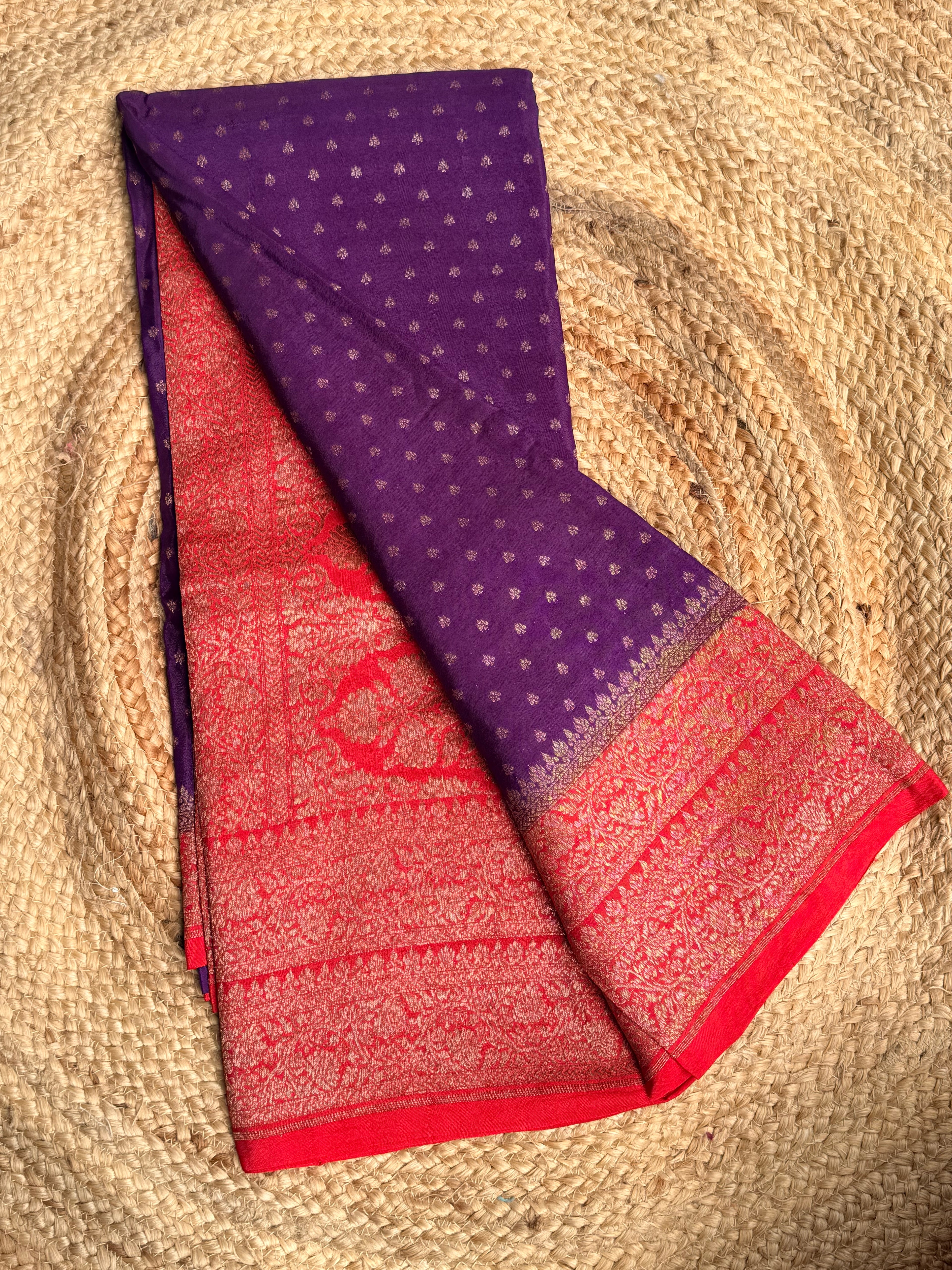 Purple n red small butta benarasi crepe saree