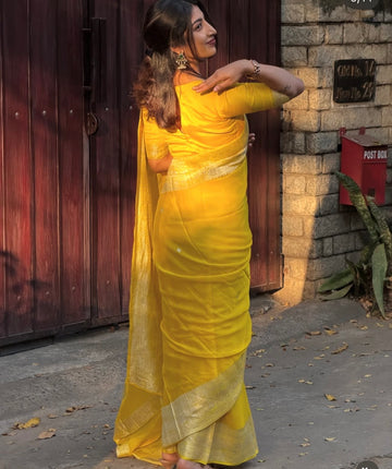 Mustard yellow pure khaddi chiffon silver zari woven